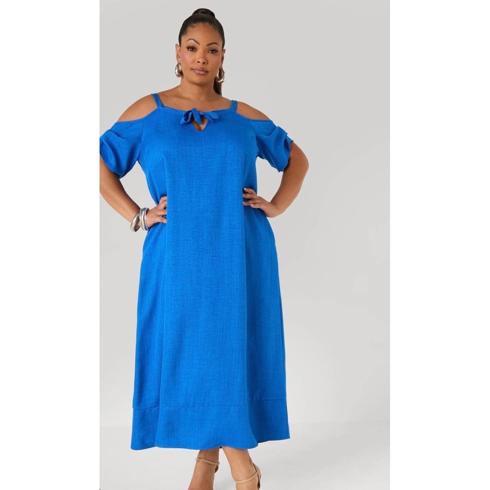 Ashley Stewart Royal Blue Cold Shoulder Tie Front Maxi Dress Plus Size 14/16
